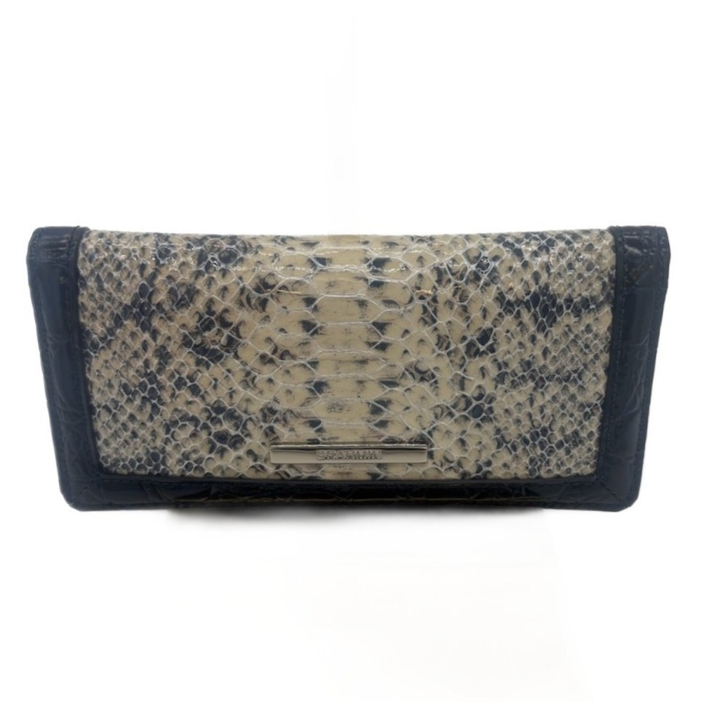 New Brahmin Navy Blue Snakeskin Embossed Leather Wallet Clutch